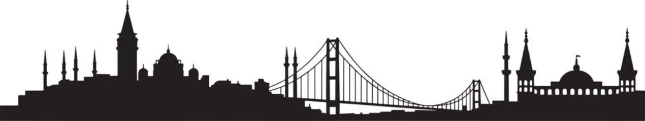Obraz premium Black silhouette skyline of Istanbul with Bosphorus Bridge and minarets Turkey