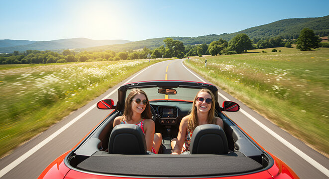Joyful road trip: Two women enjoying a scenic drive in a red convertible
