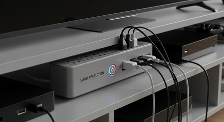 Gray Surge Protector Power Strip with Multiple Outlets and USB Ports on Entertainment Center