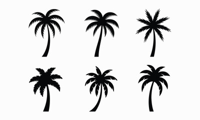 Collection of six black silhouette palm trees on a white background