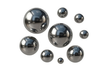 Metallic chrome spheres levitating, reflecting light with sleek geometric precision on transparent surface