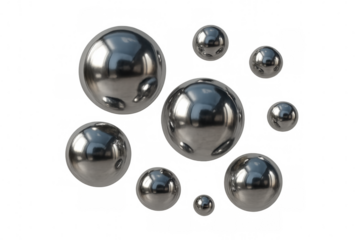 Metallic chrome spheres levitating, reflecting light with sleek geometric precision on transparent surface