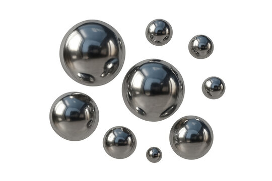 Metallic chrome spheres levitating, reflecting light with sleek geometric precision on transparent surface