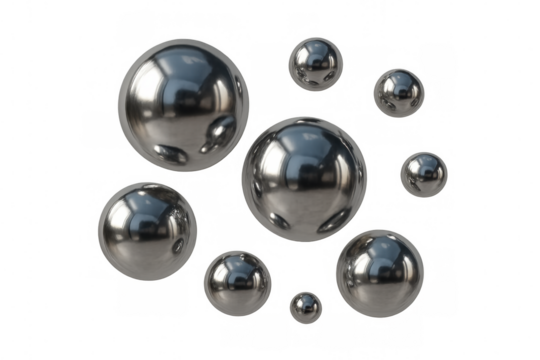Metallic chrome spheres levitating, reflecting light with sleek geometric precision on transparent surface