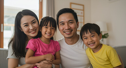 Portrait of a happy asian family smiling at the camera in their living room