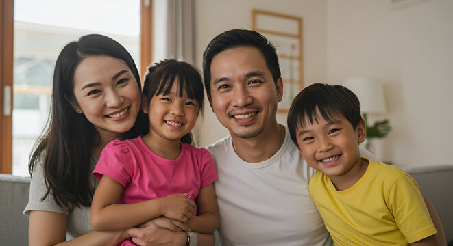 Portrait of a happy asian family smiling at the camera in their living room