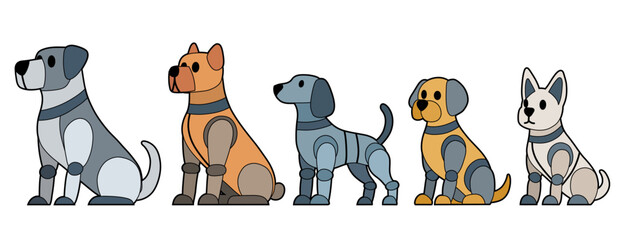 Vector set of contour mechanical dogs various breed. Collection of contour robot puppies. Terrier, dachshund, shepherd and bulldog. Animals of the future for cards and stickers