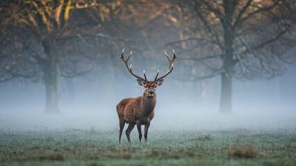 A majestic deer whose antlers are made of polished, bare winter trees