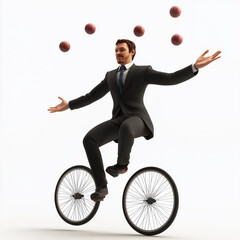 3D businessman riding a unicycle while juggling isolated on white background

