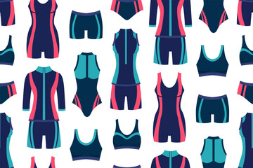 Vector seamless pattern with sports women swimsuits. Texture with sports wetsuits for swimming pools, cycling competitions and gymnastics. Background for wallpaper and fabric
