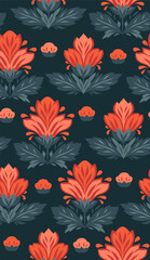 Vector seamless pattern with tracery decorative flowers. Texture with stylized red flowers on dark background. Floral backdrop for wallpaper and wrapping paper
