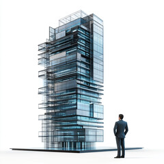 3D businessman standing beside a digital twin of a modern building

