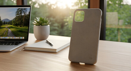 A smartphone in a protective case rests on a wooden desk next to a laptop and a succulent plant.