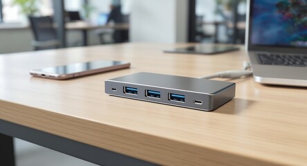 Modern USB Hub on Wooden Desk with Laptop and Smartphone