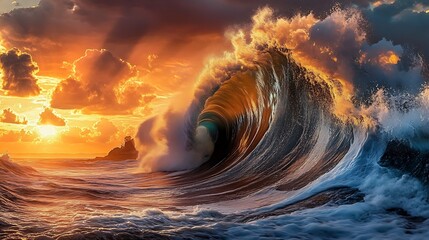 Powerful Ocean Waves Breaking at Sunset Dynamic Seascape Nature Photography with Golden Light. Generative Ai