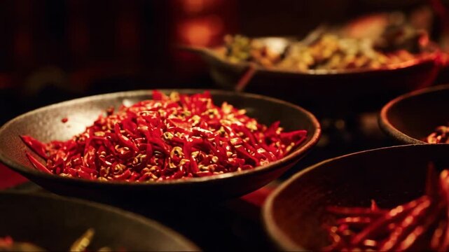Vibrant red chili peppers in black bowls on dark background  