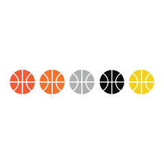 Five basketballs in different colors on white background