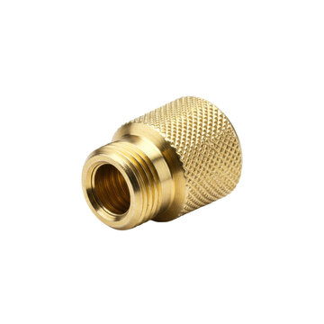 A small, cylindrical schrader valve cap with a polished metallic finish and finely knurled sides, isolated on a transparent seamless background with professional studio lighting, commercial product