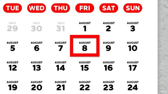 The date August 8th marked with a red cursor on the wall calendar 2025