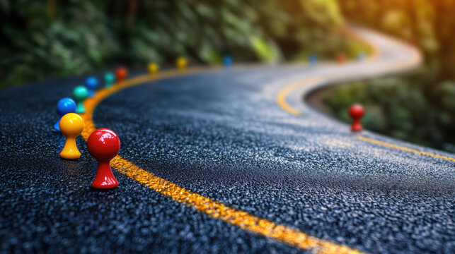 a curved asphalt road with colorful pins representing strategic planning steps