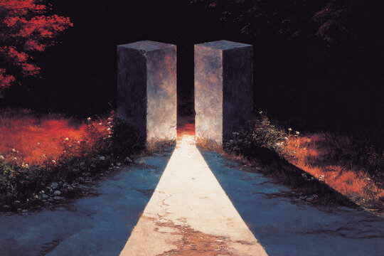 Two tall stone pillars stand on path, casting dramatic dual shadows at different angles, illuminated by warm sunlight, creating symbolic and mysterious atmosphere
