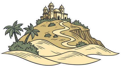Vector art of a whimsical castle perched on a dune in a cartoon desert landscape with palm trees