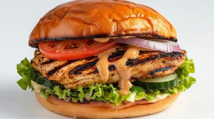Close up of gourmet grilled chicken burger with melted cheese and fresh lettuce on soft golden brioche bun