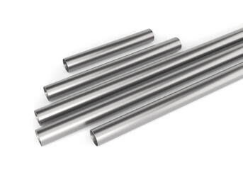 set of steel nails. 3D illustration of polished stainless steel tubes arranged in diagonal order by size. Ideal for product design, industrial materials, and engineering system layouts.