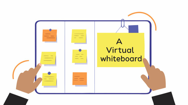 Illustration of a virtual whiteboard with sticky notes and hands interacting with the interface