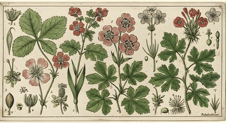Botanical Study Diverse Flora Illustration with Detailed Plant Anatomy and Blooming Flowers in Vintage Style