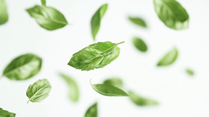 Fototapeta premium Cluster of fresh mint leaves gracefully floating midair over pure white background swirling gently