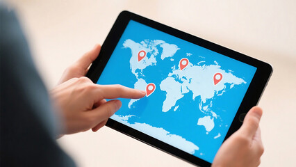 Person holding a tablet displaying a world map with location pins and touching the screen