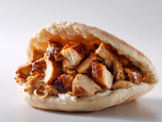Front view of fresh pita bread sandwich filled with roasted vegetables and seasoned meat against white background