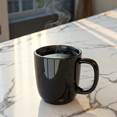 Black glossy mug of hot coffee with steam on marble surface black mug hot drink