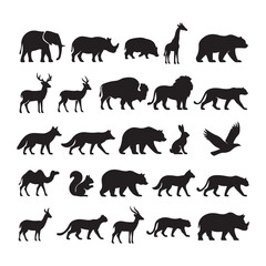 Silhouette Depictions of Diverse Wildlife Featuring Mammals and Bird Species in Simple Black Graphic Form for Visual Representation