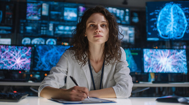 Female Brain Scientist Analyzing Scans and Recording Data in Modern Lab, Generative AI
