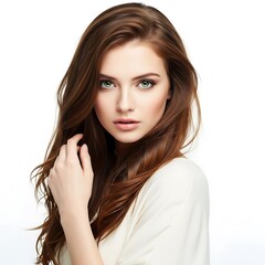 Fototapeta premium Beautiful woman long brown hair green eyes portrait