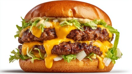 Stacked double grilled beef cheeseburger with melted cheddar cheese fresh shredded lettuce and creamy sauce on sesame bun