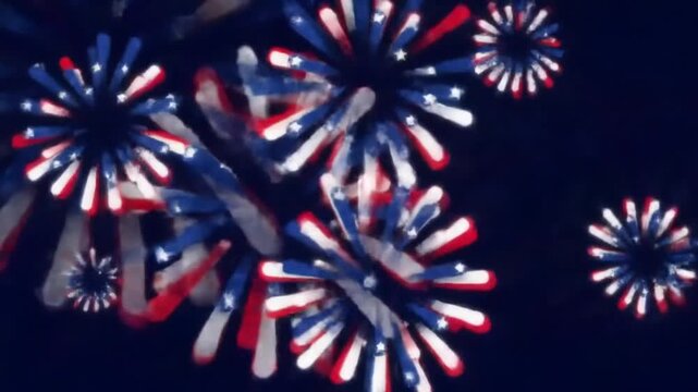 Patriotic themed fireworks display with red white and blue on a dark background