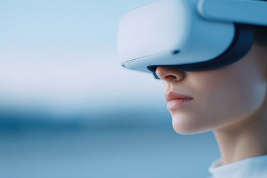 portrait of operator wearing vr goggles controlling drone flight over landscape control station softly blurred behind