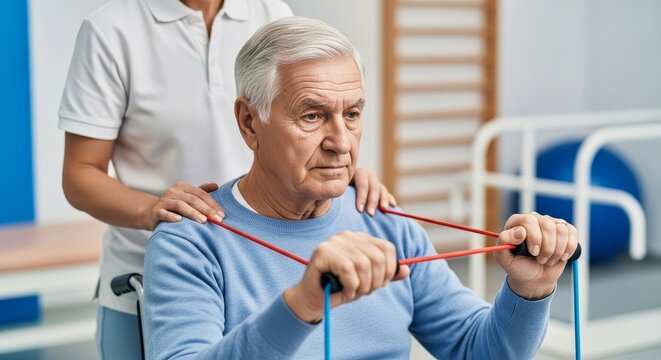 Senior european man doing resistance band exercises with physical therapist assistance in modern rehabilitation clinic during recovery session