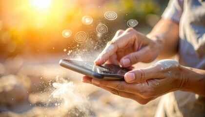 Hands Close Up on Limestone Dust with Smartphone in Sunlight