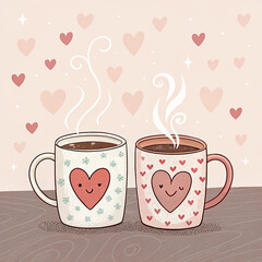 Two cute mugs with smiling heart designs and steam rising coffee hot drink
