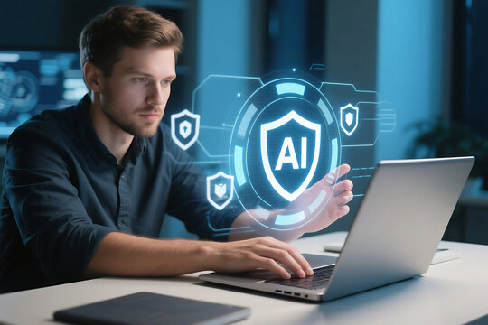 Man using laptop with ai security shield overlay in modern office setting for data protection concept - Powered by Adobe