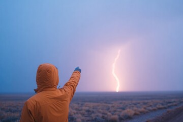 portrait of storm chaser pointing to lightning fork beyond horizon while standing by vehicle