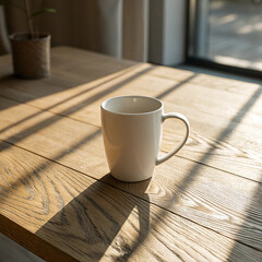 White ceramic mug on wooden table with morning sunlight and shadows white mug coffee mug