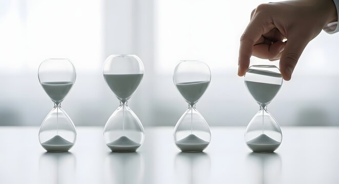 Timeless Perspective Hand Adjusting an Hourglass Among Others, Reflecting Time Management and Future Outlook
