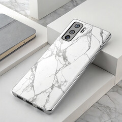 White marble phone case with silver veins and camera array on display luxury