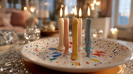 Naklejka premium Colorful Artistic Candles on Decorative Plate Creating Warm Ambiance in Cozy Living Room Setting