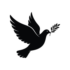 Black silhouette of flying dove holding olive branch, symbol of peace and freedom on white background